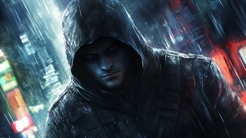 Hooded vigilante under heavy rain in neon city street.