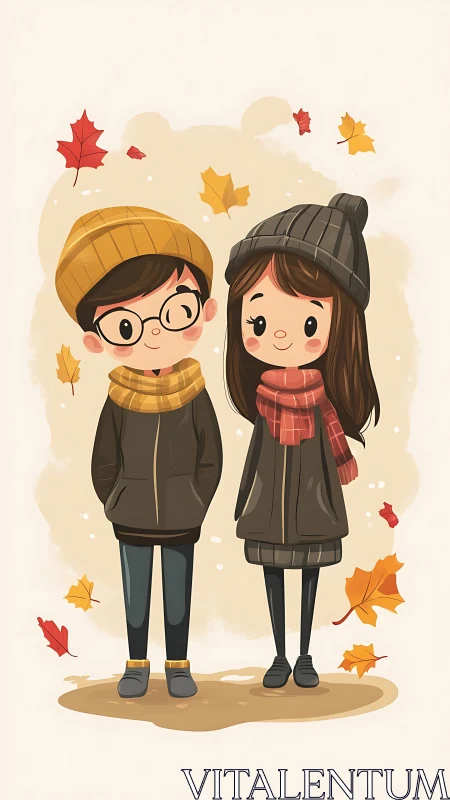 Two Young Characters in Autumn Clothing and Fall Leaves.