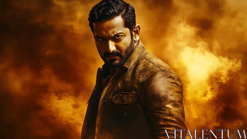 Man in leather jacket stands against intense orange smoke