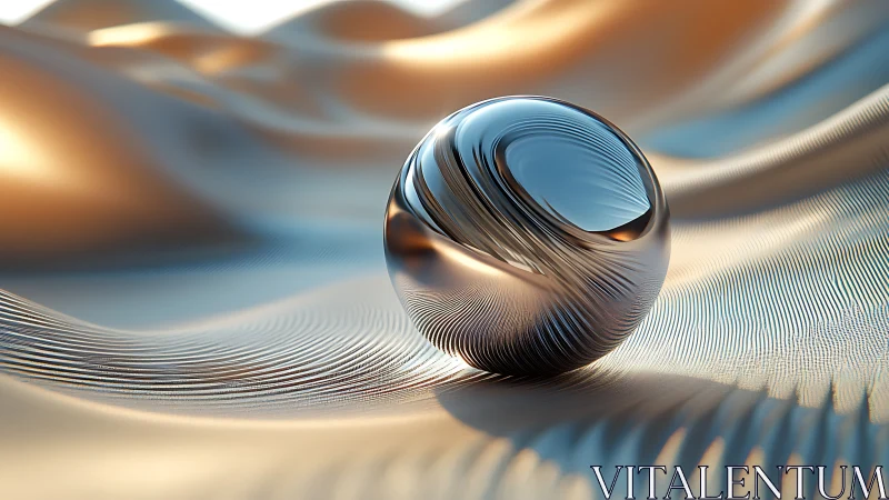 Reflective metal sphere on rippled abstract metallic surface.