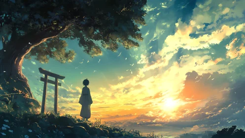 Dusk-draped wanderer listens quietly to the sky’s bright hymn