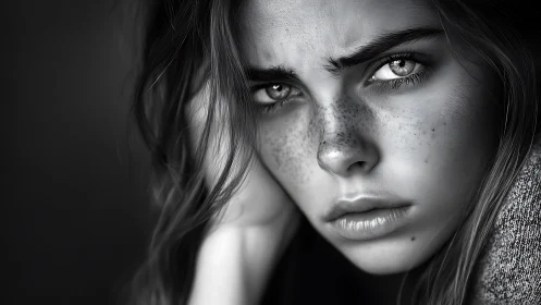 Intense monochrome portrait of freckled young woman.