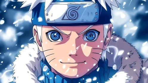 Snowlit ninja portrait with intense blue spiral gaze.