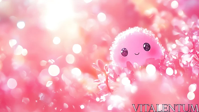 Pink spherical character is centered amid defocused highlights