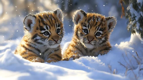 Twin Tiger Cubs Bound Through Winter's Crystalline Dream.