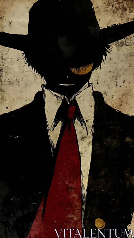 Shadowed stranger in a red tie against worn textures.