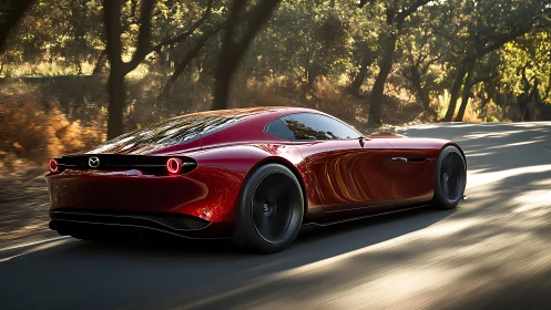 Photorealistic red grand tourer on winding forest roadway.