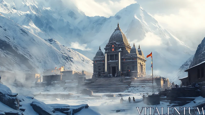 Snowlit mountain temple glowing softly in the winter hush.