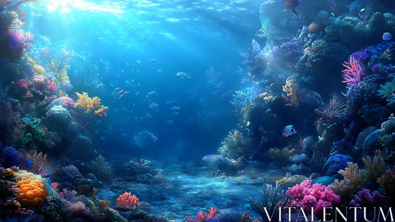 Sunlit coral cathedrals cradle drifting shoals in aqua hush