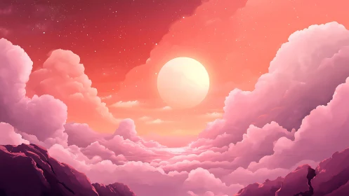 Radiant celestial sun above stratocumulus cloud valley at dusk