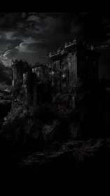 Dark stone fortress stands on a rugged cliff at night