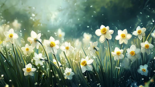White Daffodils in Spring Meadow with Bokeh Lighting Effects.