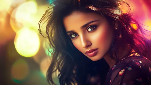 Portrait study of woman amid luminous bokeh lights.