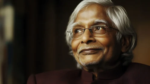 Gentle elder’s warm smile glowing in soft golden light.