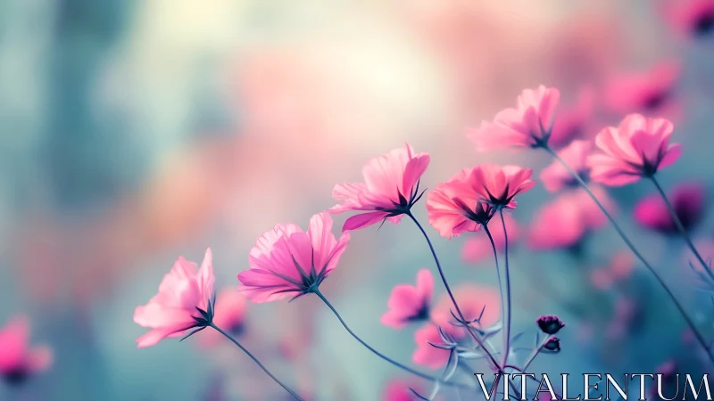 Pink cosmos flowers bloom with soft, dreamy bokeh background
