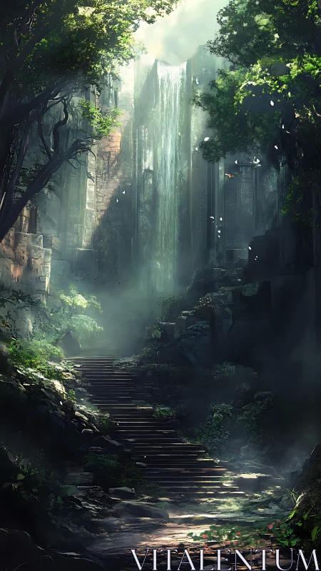 Overgrown Cathedral Ruins in Misty Ravine.