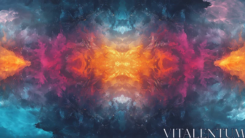 Symmetric nebular bloom in saturated cyan, magenta, amber.