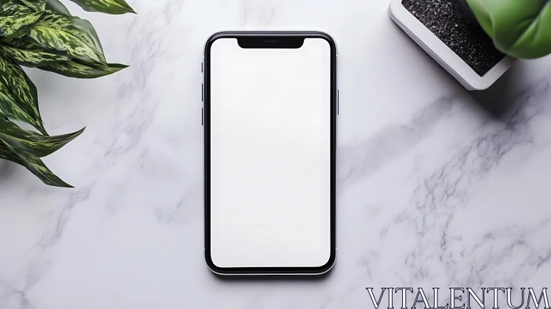 Smartphone Mockup on Marble Surface with Desktop Accessories.