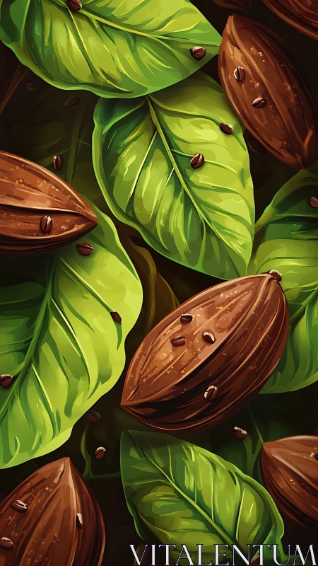 Cocoa pods rest among glossy coffee leaves in tight pattern
