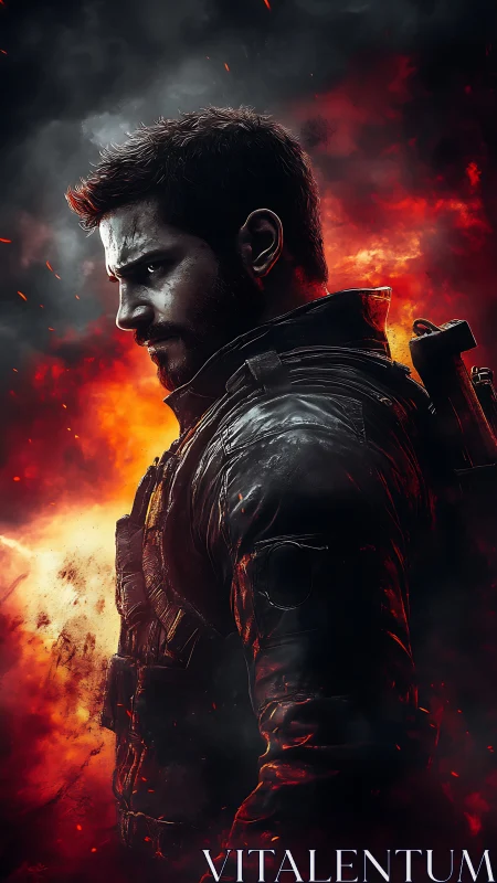 Battle-hardened soldier in flames and dense smoke background.