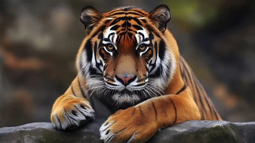 Resting Bengal tiger gazes forward with intense golden eyes