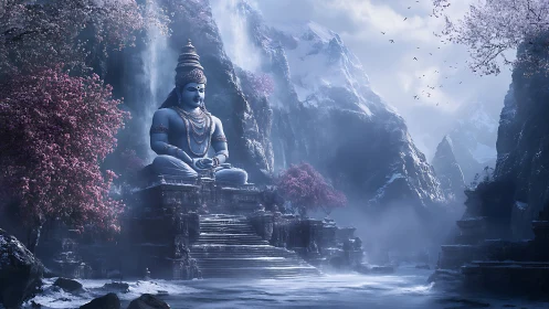 Mountain temple deity watches over misty sakura valley.