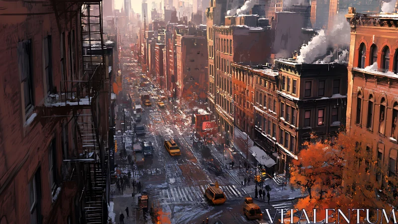 Winter city avenue with taxis under warm dusk light.