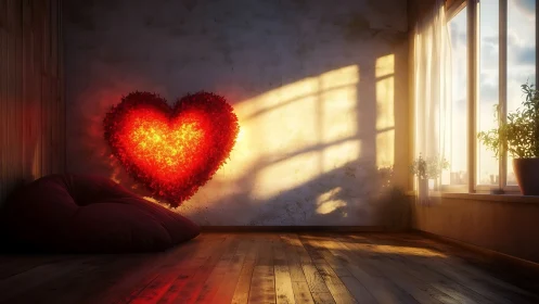 Glowing Red Heart in Sunlit Room with Warm Atmospheric Light