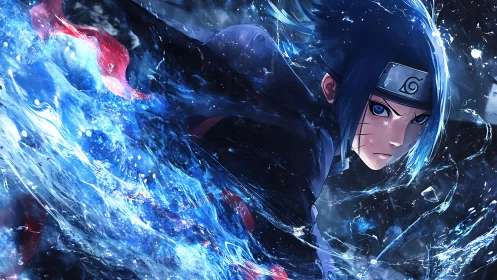 Storm-lit ninja warrior racing through shards of blue water.