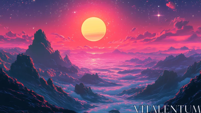 Neon alien seascape beneath oversized synthetic sun.