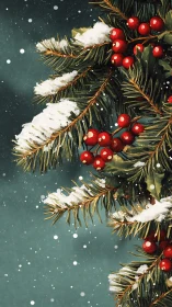 Snow covered pine branches with red berries detail.
