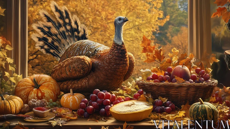 Golden autumn turkey rests among pumpkins and harvest fruit