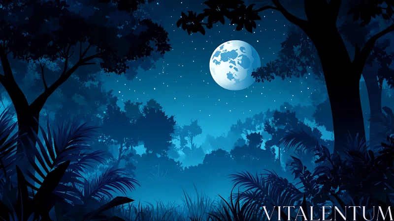 Moonlit Tropical Forest Landscape with Silhouetted Canopy