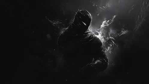 Shrouded humanoid silhouette dissolves into abstract shadow field