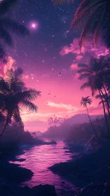 Neon-tide lagoon under star-sprinkled tropical twilight.