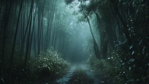 Misty Bamboo Grove Path Through Ethereal Forest.
