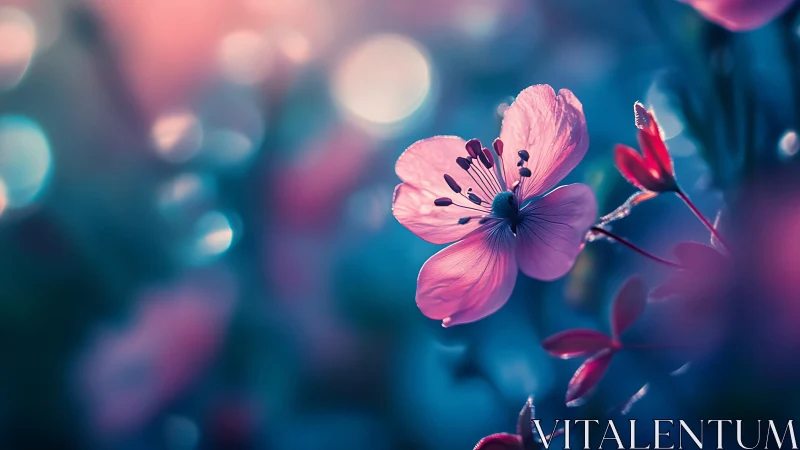 Delicate Pink Flowers Glowing in Dreamy Blue Light