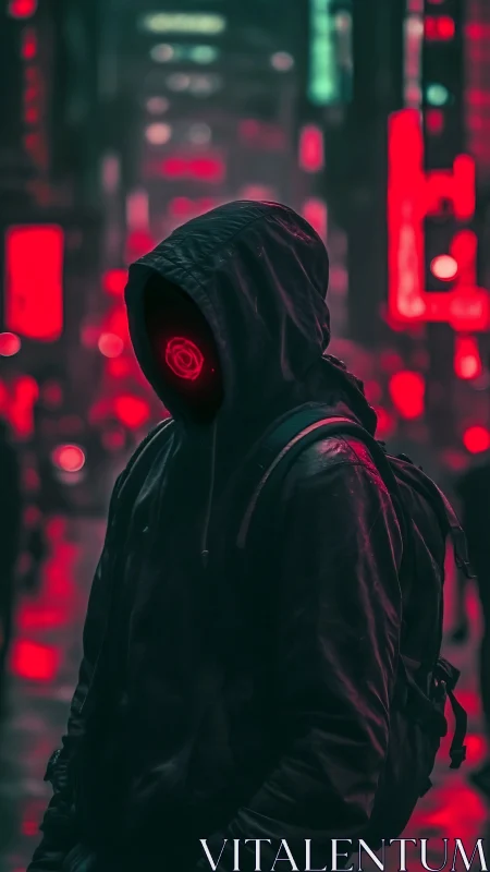 Hooded cybernetic figure with neon interface mask in rain-soaked city.