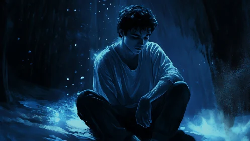 Solitary figure in blue-tinted nocturnal digital reverie.