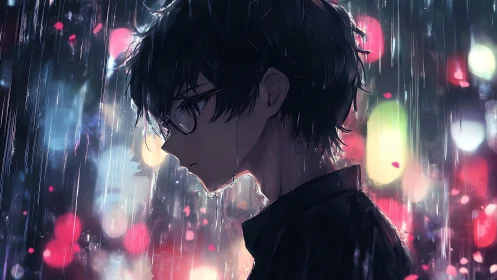 Melancholic anime boy in neon rain with falling petals.