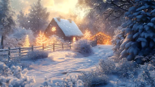 Snow-covered cabin displays warm bokeh lights in diffuse backlit snowfall
