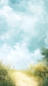 Sunlit dirt path framed by tall grasses under expansive sky