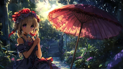 Girl with parasol on forest path under filtered sunlight.