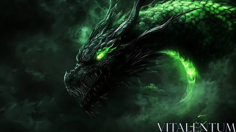 Green glowing dragon head in dark swirling smoke.