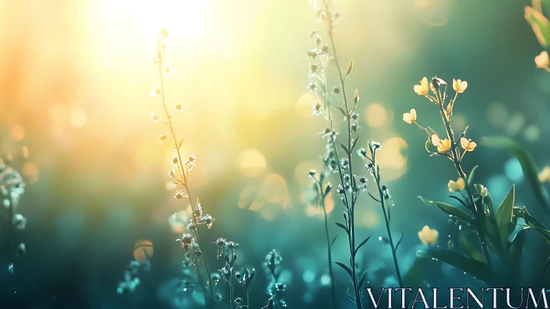 Sunrise whispers over dewlit wildflowers in soft bloom.