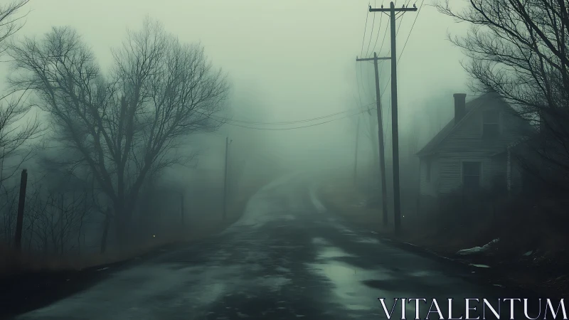 Fog-drowned country road curls past a lone haunted house.