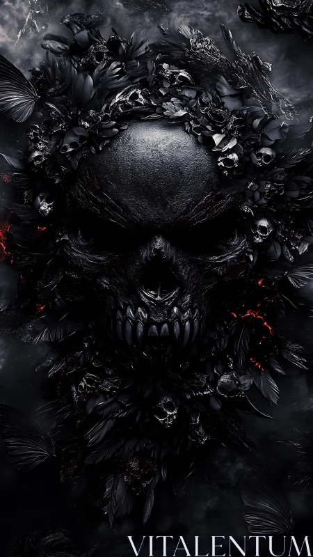 Baroque skull assemblage in monochrome digital horror rendering