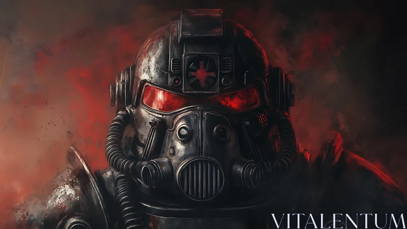 Heavily weathered power armor helmet with red visor glow, front