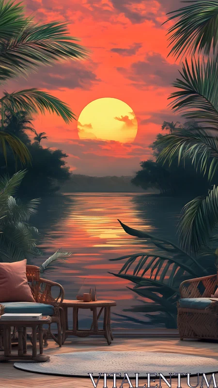 Tropical lounge interior opens onto hyperreal sunset lagoon