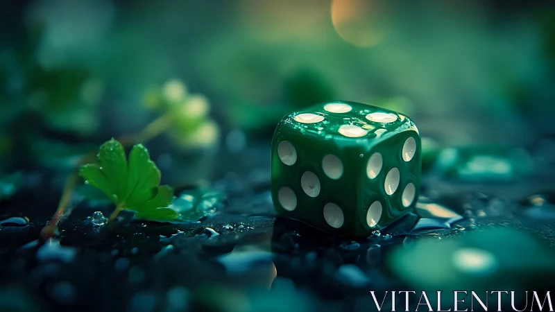 Emerald dice rest in dewy foliage, glowing with quiet chance